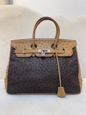 Vintage Ostrich Leather Top Handle Bag YH.KIM Brown Structured Lock Key
